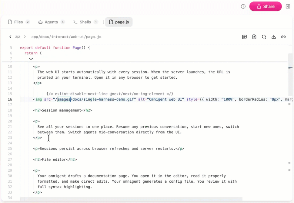 Editing a file in the Omnigent web UI